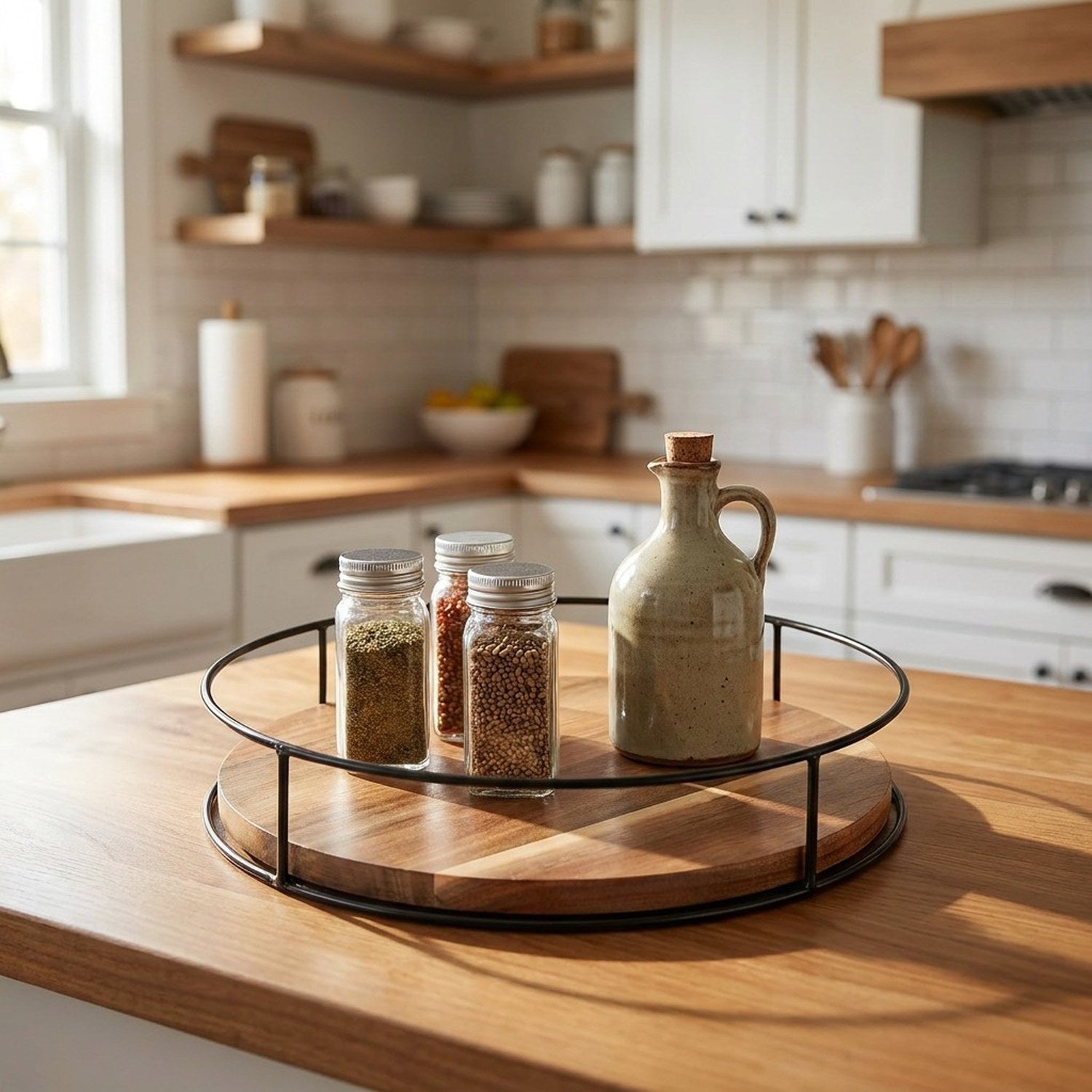Plateau tournant en bois naturel avec épices et condiments sur comptoir de cuisine