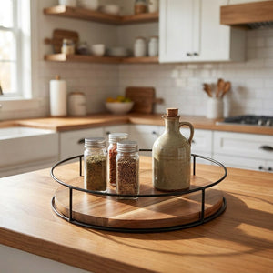 Plateau tournant en bois naturel avec épices et condiments sur comptoir de cuisine