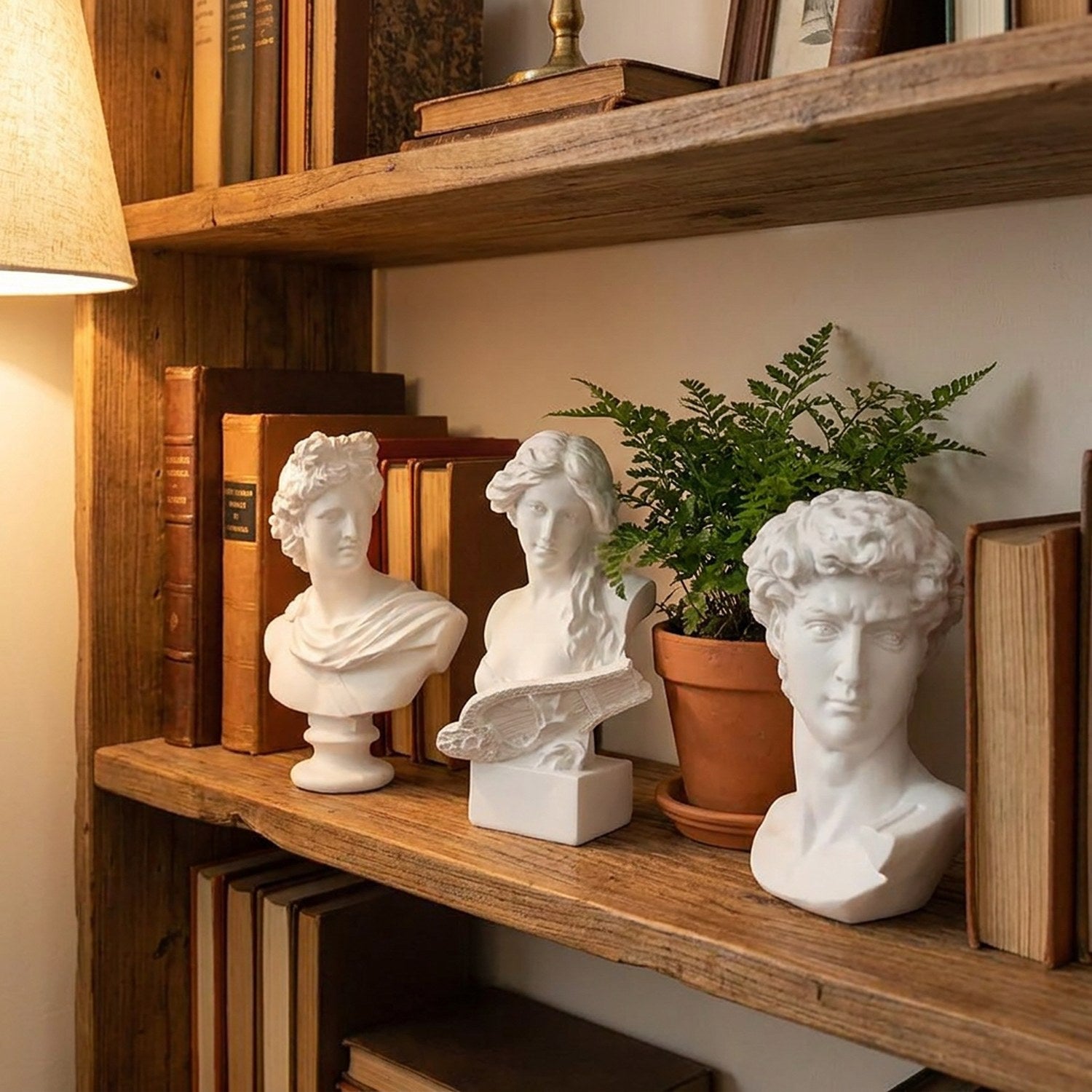 Trois bustes décoratifs en résine blanche sur une étagère en bois avec livres et plante