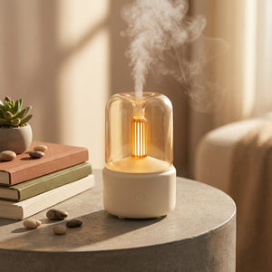 Mini diffuseur USB sur table d'appoint béton avec livres et lumière dorée
