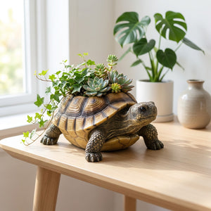 Jardinière tortue résine avec lierre sur bureau en bois près fenêtre ensoleillée intérieur scandinave