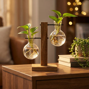 Deux vases à bouture en verre à hauteurs décalées sur une table en bois à la lumière dorée