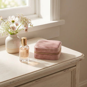 Coffret bijoux rose velours sur coiffeuse décor maison féminin