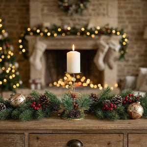 Intérieur cosy français avec bougeoir renne doré allumé en décoration de Noël
