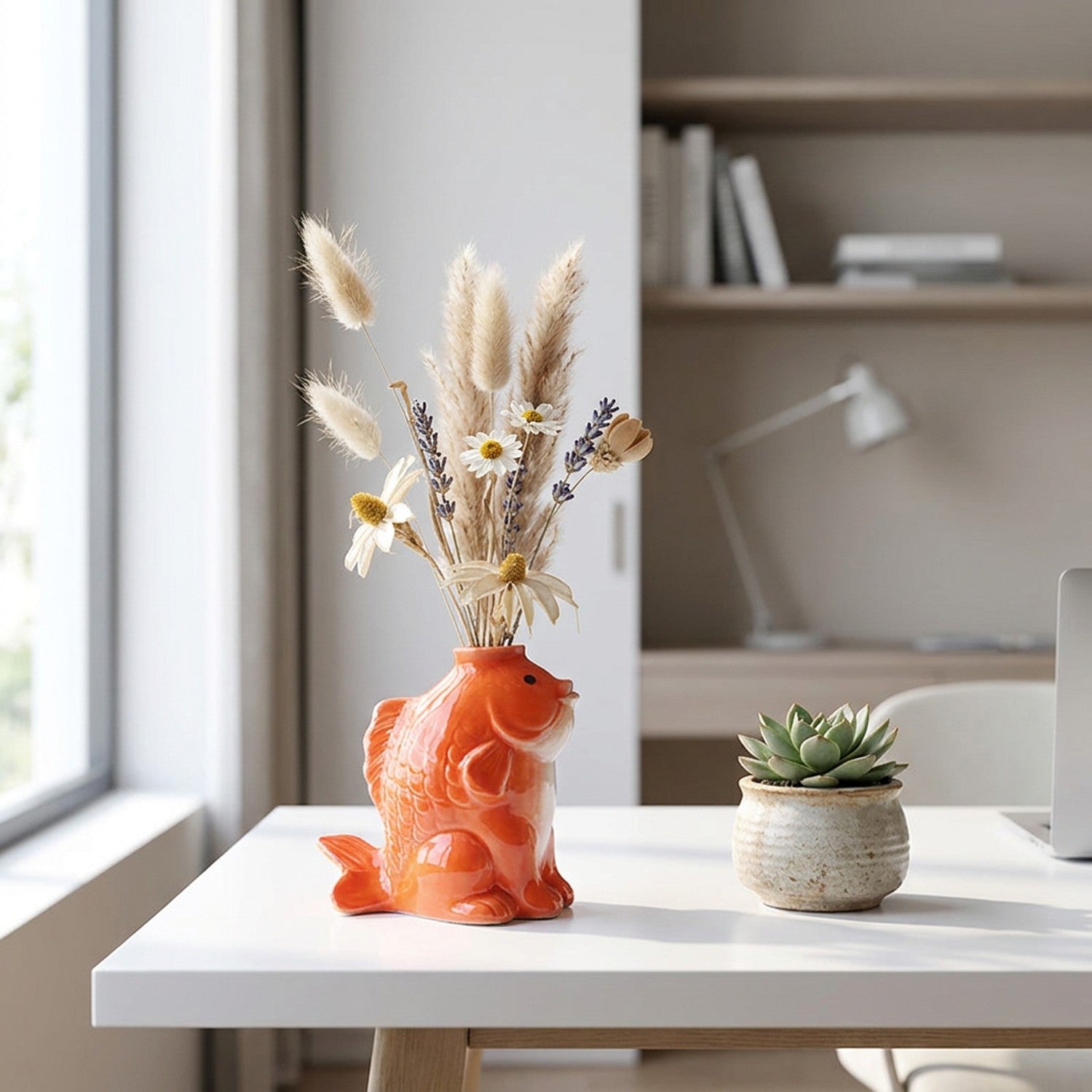 Vase poisson orange sur bureau blanc avec plante verte, décoration bureau