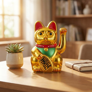 Chat porte-bonheur doré sur un bureau en bois à la lumière du matin avec plante verte