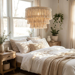 Abat-jour macramé franges dans chambre cosy blanc bois, lumière douce matin