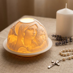 Photophore dôme porcelaine lithophanie avec chapelet et lavande - ambiance spirituelle