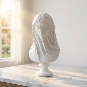 Buste dame voilée sur surface marbre avec lumière naturelle douce