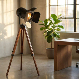 Lampadaire projecteur vintage dans un coin bureau avec une plante verte