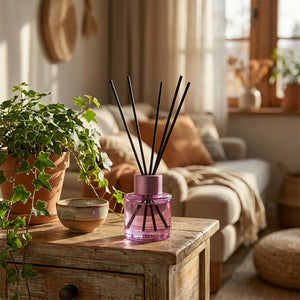 Diffuseur parfum rotin table console salon lumière naturelle