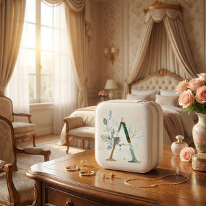 Boîte à bijoux de voyage initiale florale posée sur une coiffeuse en bois dans une chambre lumineuse