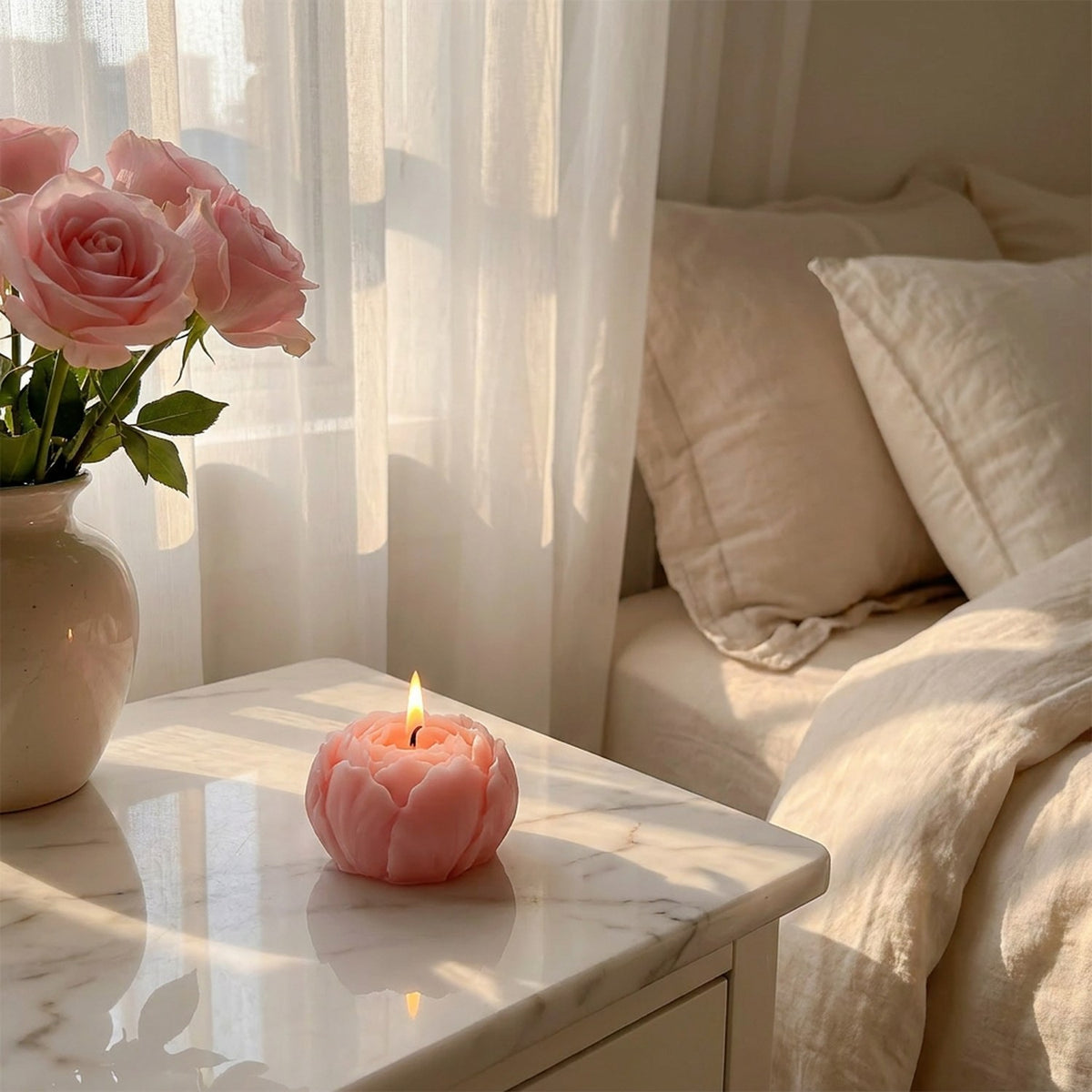 Bougie pivoine rose allumée sur table de nuit marbre dans chambre romantique