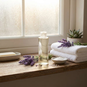 Flacon recharge diffuseur lavande vanille dans espace spa avec bougies allumées et serviettes blanches
