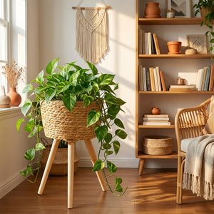 Panier cache-pot bois tressé avec plante retombante dans coin bohème salon