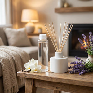 Diffuseur à bâtonnets et recharge parfum lavande vanille sur table salon cosy avec cheminée