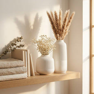 Lot de 2 vases en céramique blanc mat nordique - étagère bois chêne avec livres et textiles