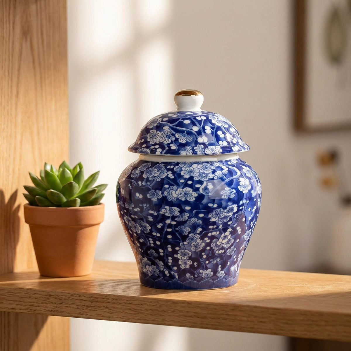 Pot à thé bleu et blanc sur étagère bois avec plante verte
