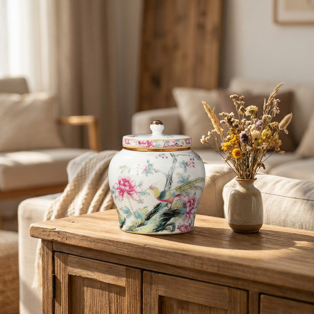 Pot à thé porcelaine colorée oiseaux sur buffet avec fleurs séchées