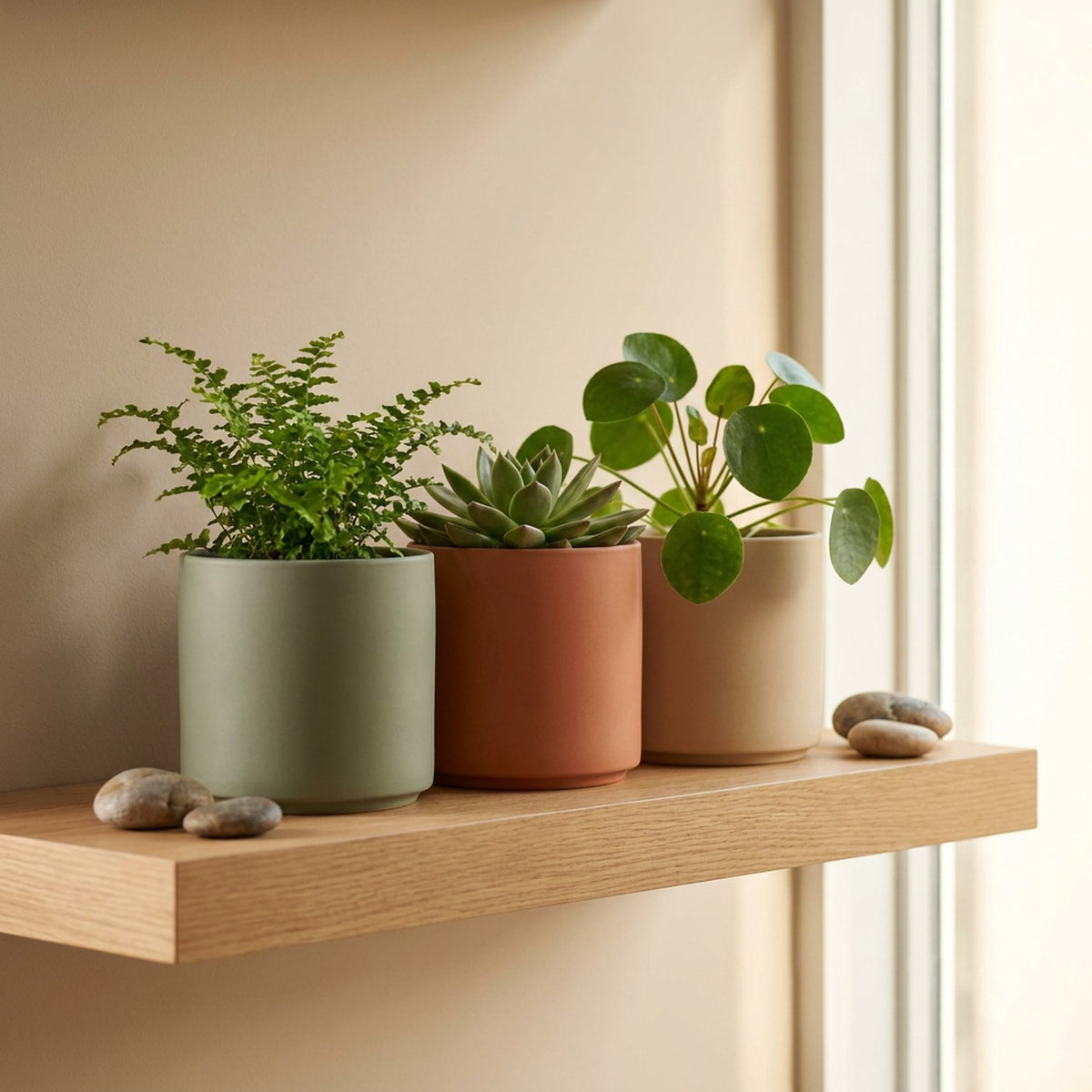 Pots de fleurs en céramique colorée sur étagère flottante bois avec plantes