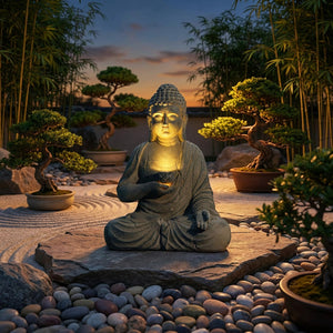 Statue Bouddha solaire dans un jardin japonais zen au coucher de soleil