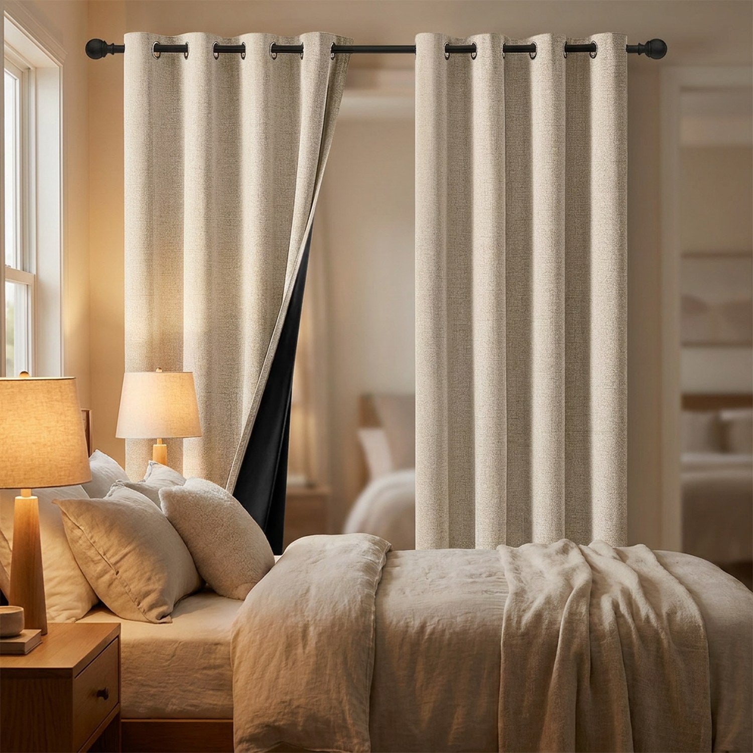 Rideau occultant effet lin beige dans une chambre cosy avec lampe de chevet allumée