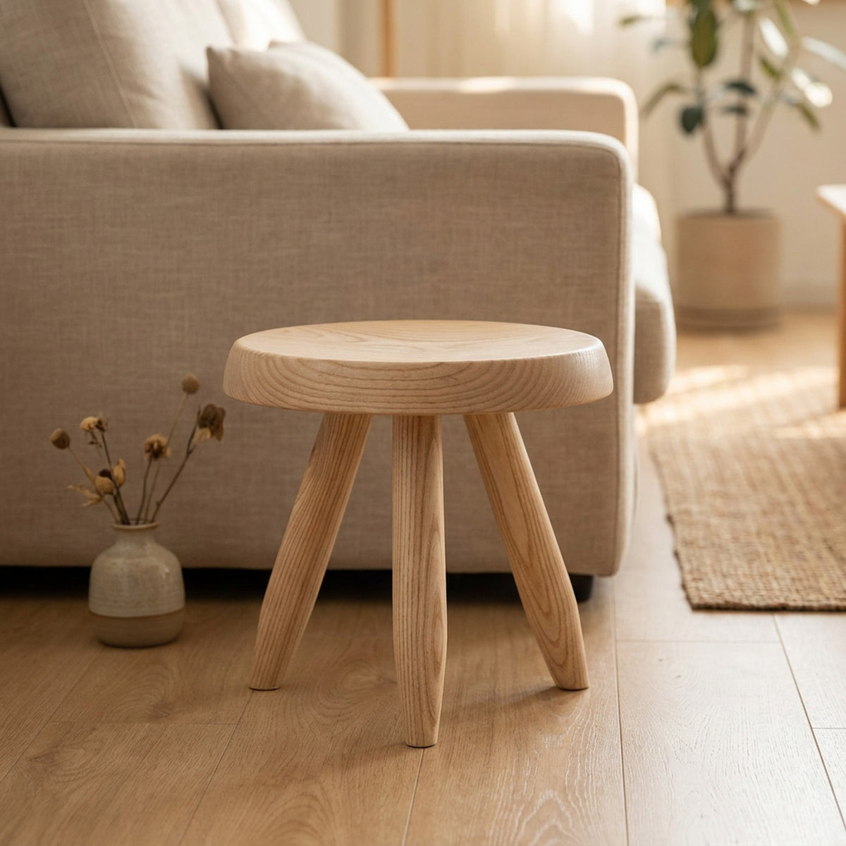 Tabouret rond en bois clair utilisé comme bout de canapé dans un salon chaleureux