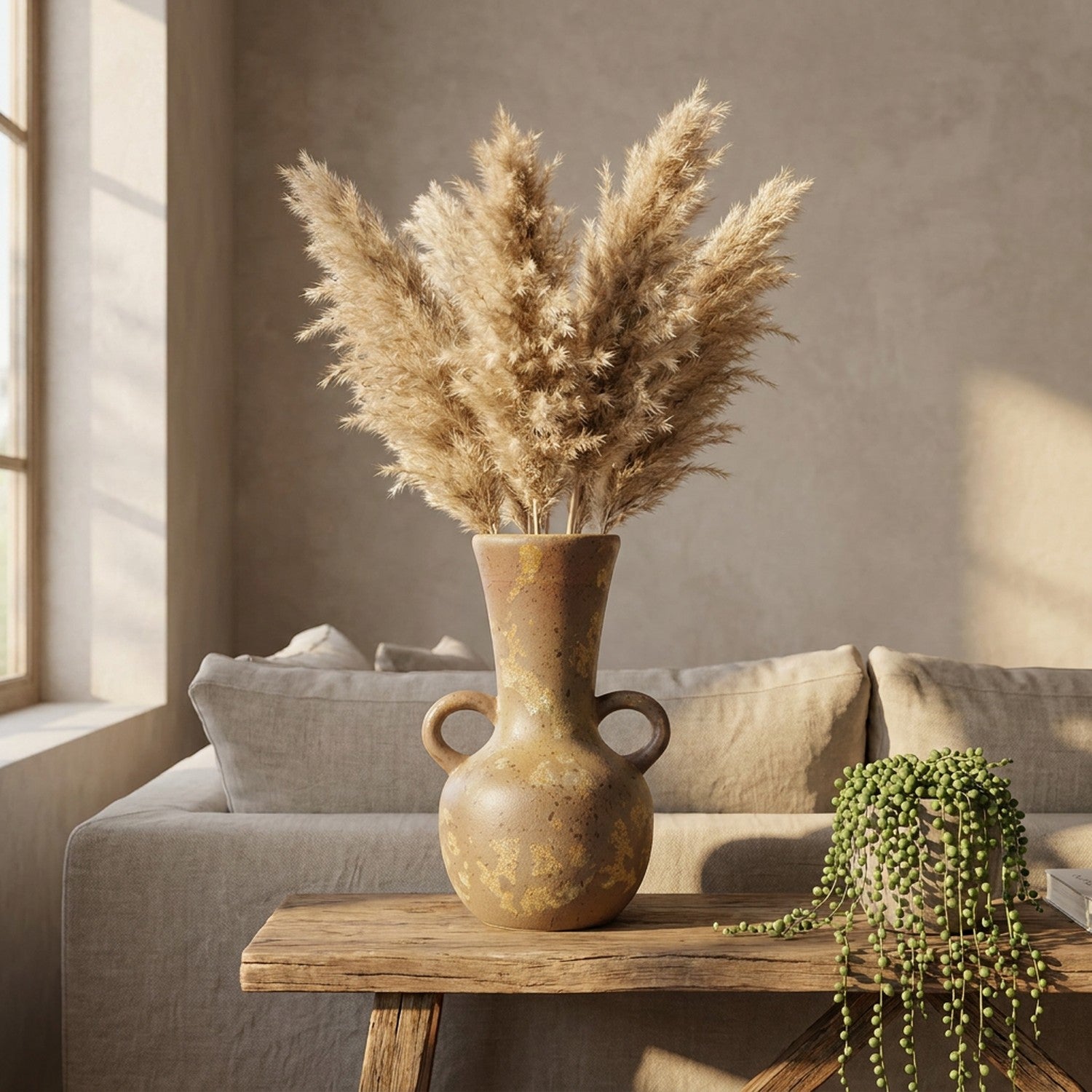 Vase grec amphore en céramique sur une console dans un salon bohème avec pampa