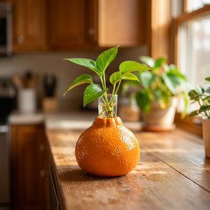 Vase orange en céramique avec une bouture de plante sur un plan de travail de cuisine
