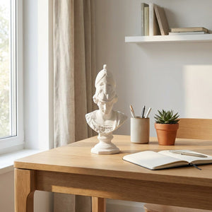 Buste d'Athéna posé sur un bureau en bois déco moderne