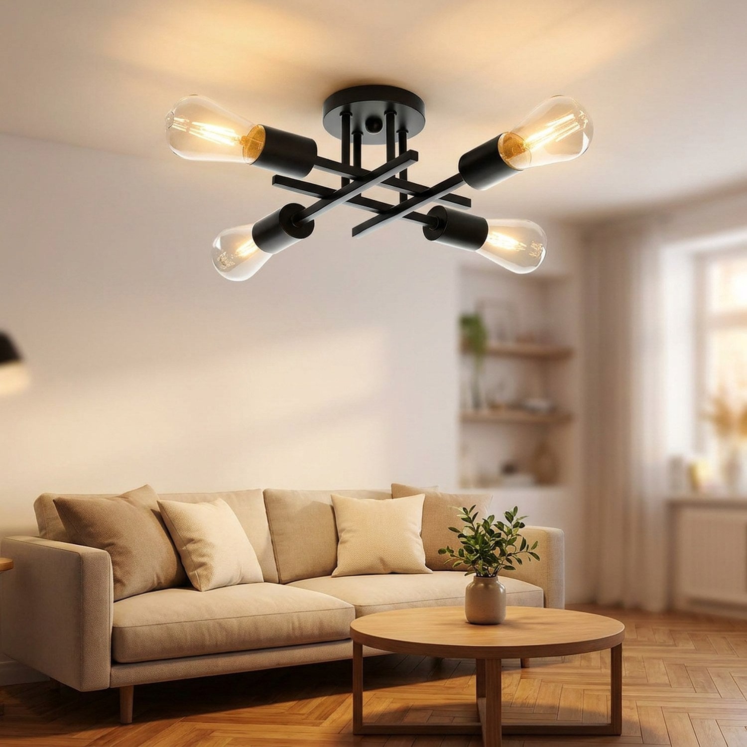 Lustre Sputnik 4 bras dans un salon moderne avec canapé