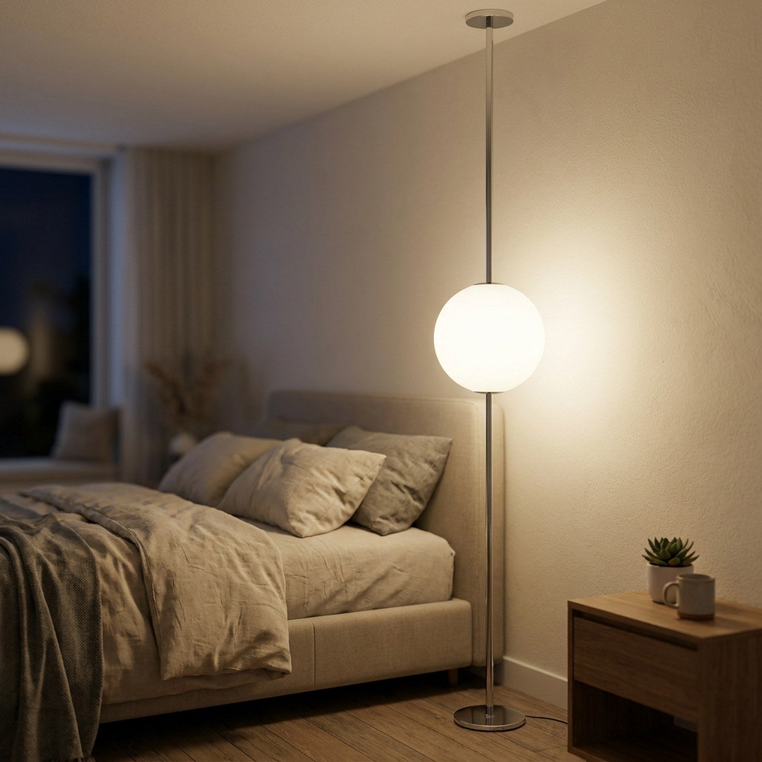 Lampadaire boule chrome allumé dans une chambre cosy près du lit