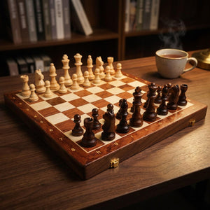 Jeu d échecs en bois installé sur un bureau avec une tasse de thé