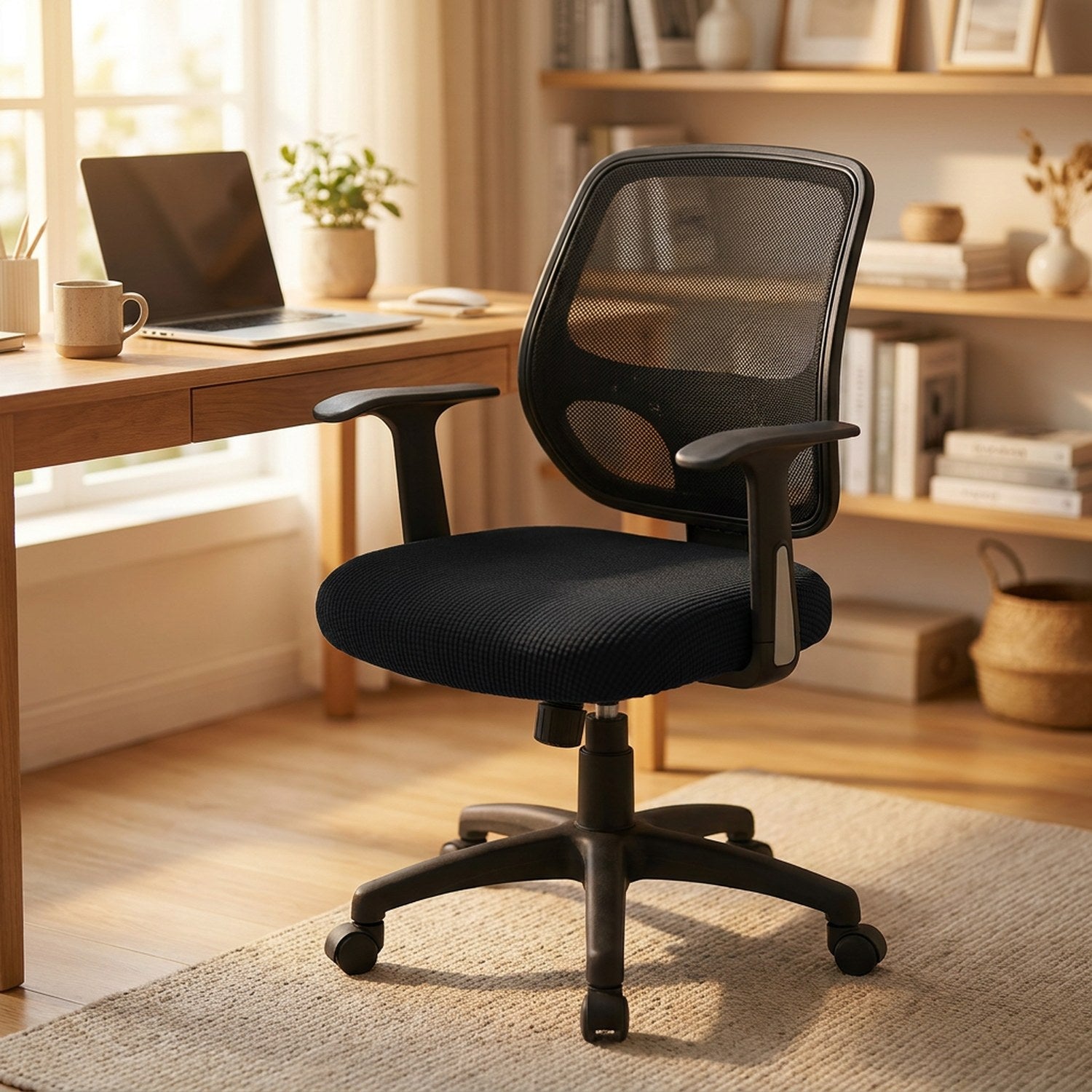 Housse de chaise de bureau noire en élasthanne dans un bureau à domicile chaleureux