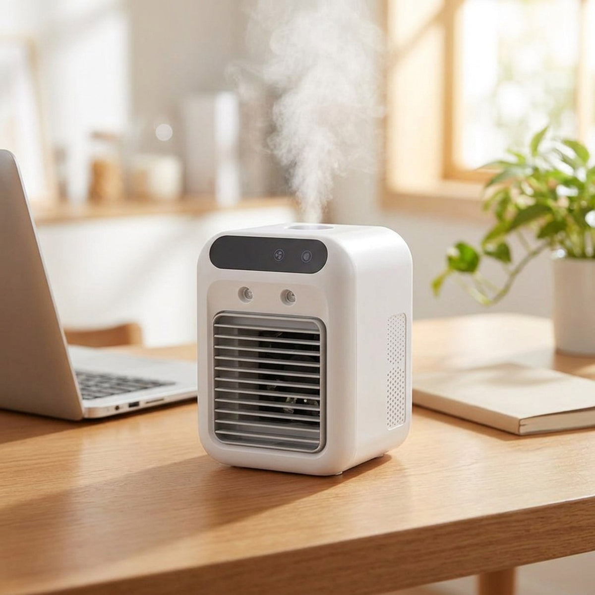 Ventilateur climatiseur blanc sur un bureau à côté d'un ordinateur portable dans un bureau lumineux