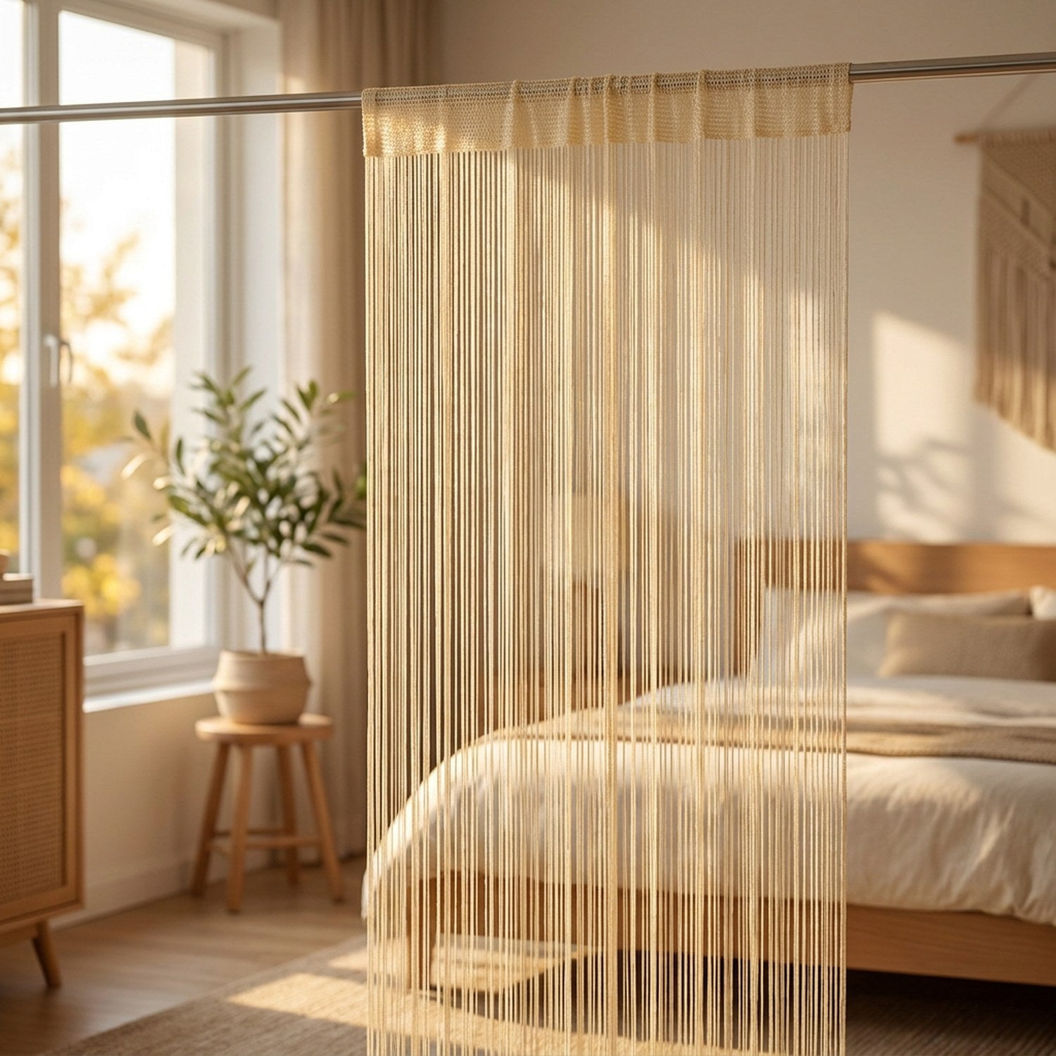 Rideau de fils crème suspendu à la fenêtre d'une chambre ensoleillée