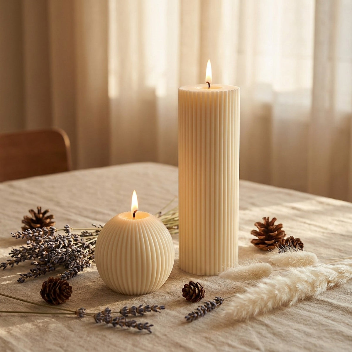 Bougies nervurées cire de soja sur nappe lin avec fleurs séchées