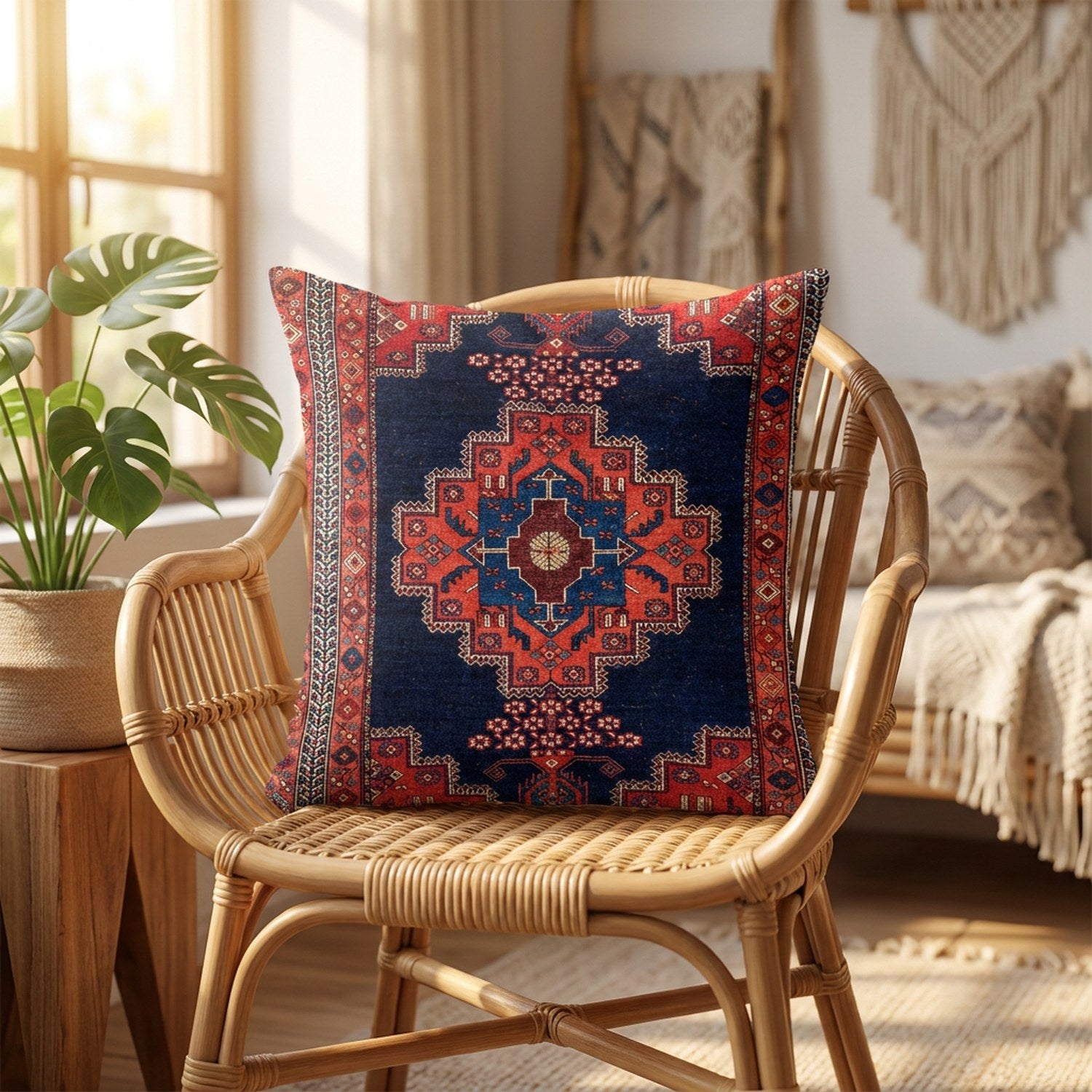 Housse de coussin motif tapis berbère bleu marine posée sur un fauteuil en rotin