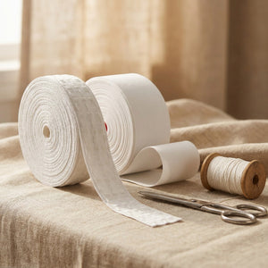 Deux rouleaux de ruban de tête pour rideaux avec ciseaux et bobine de fil sur du lin