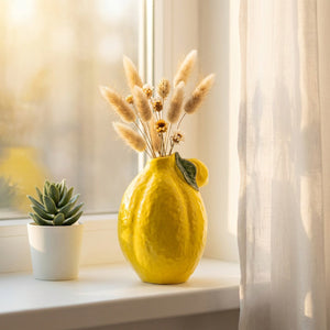 Vase citron en céramique avec branches séchées sur table bois
