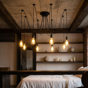 Lustre filament Edison style loft industriel béton ampoules allumées ambiance tamisée