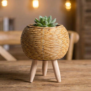 Gros plan sur le tressage en rotin et les pieds en bois clair d un cache-pot