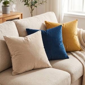 Trois coussins en velours beige bleu marine et moutarde assortis sur un canapé en lin