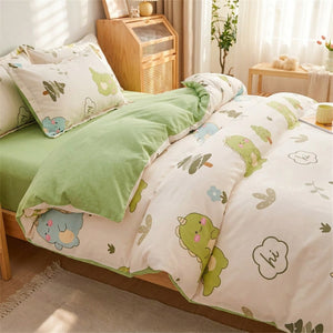 Détail du coin de la parure de lit dinosaure avec taie d'oreiller et housse de couette