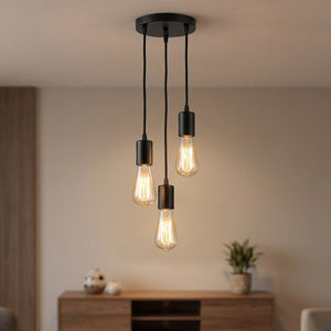 Lustre araignée vintage noir à trois douilles E27 suspendu au plafond avec ampoules à filament allumées