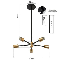 Schéma des dimensions du lustre araignée Sputnik: envergure 52cm hauteur 77cm