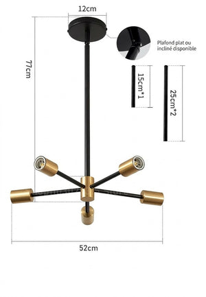 Schéma des dimensions du lustre araignée Sputnik: envergure 52cm hauteur 77cm