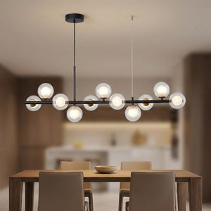 Lustre noir à boules de verre double bulle, gros plan