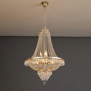 Lustre cristal doré suspendu au plafond
