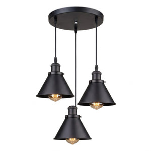 Lustre industriel 3 suspensions abat-jour conique métal coloris noir mat